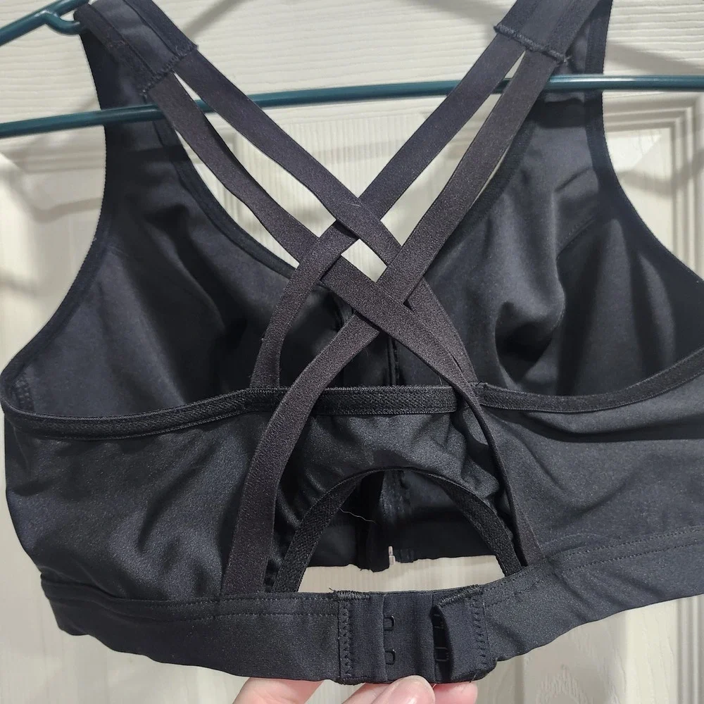 Glamorise Sport Bra 36D Black Front Zip‎ High Support Crisscross Back Activewear